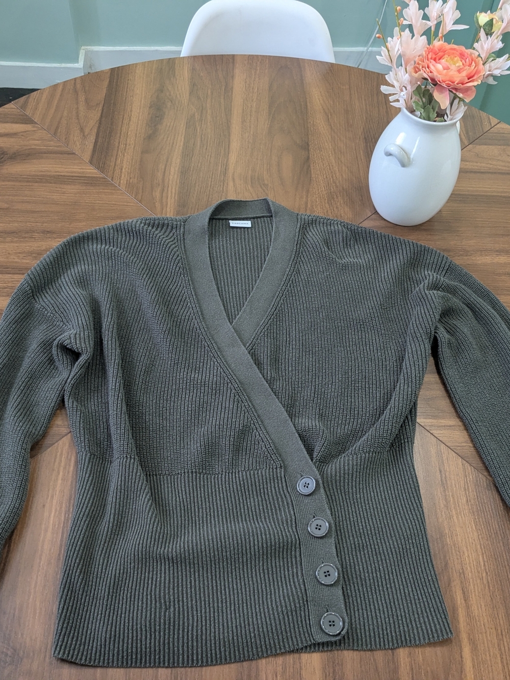 V-Neck Olive Green Ribbed Button Wrap Sweater